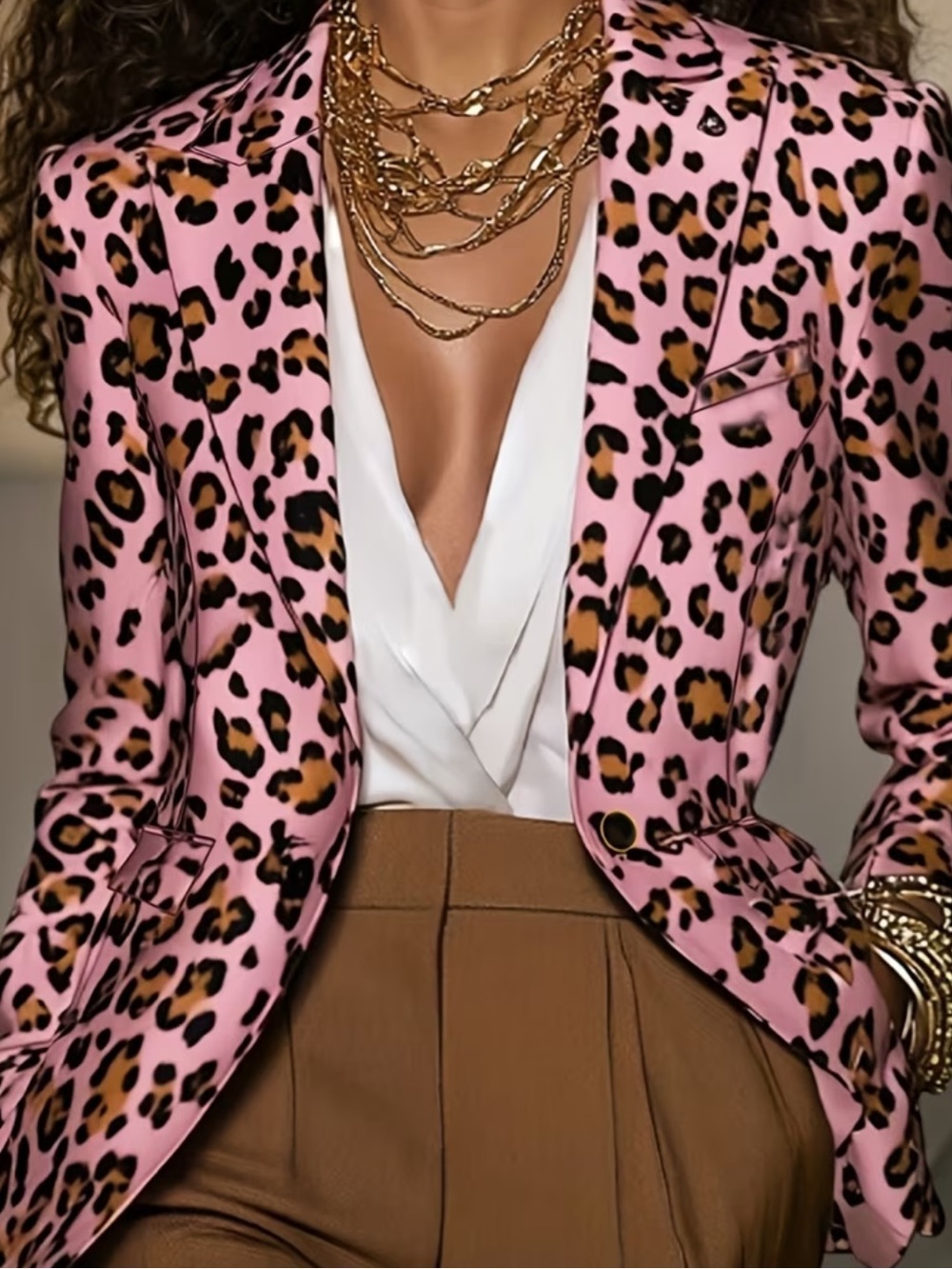 Fortune-Attracting Fashion Urban Elegance Vintage Satin Leopard Print Notched - Picture 2 of 7
